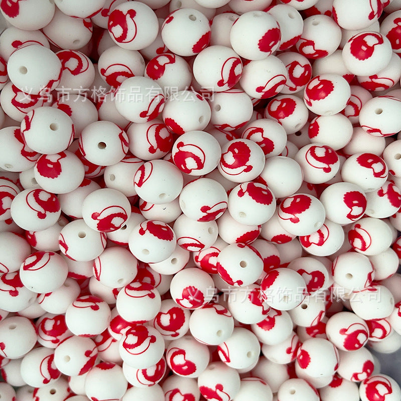 Wholesale 50pcs DIY Christmas Snowman Christmas Tree Printing 15mm Silicone Beads